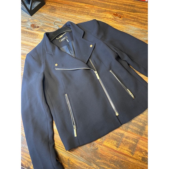 DKNY Black Moto Jacket Blazer Size 6 Gold Zipper Details Asymmetrical Zip - Picture 1 of 14
